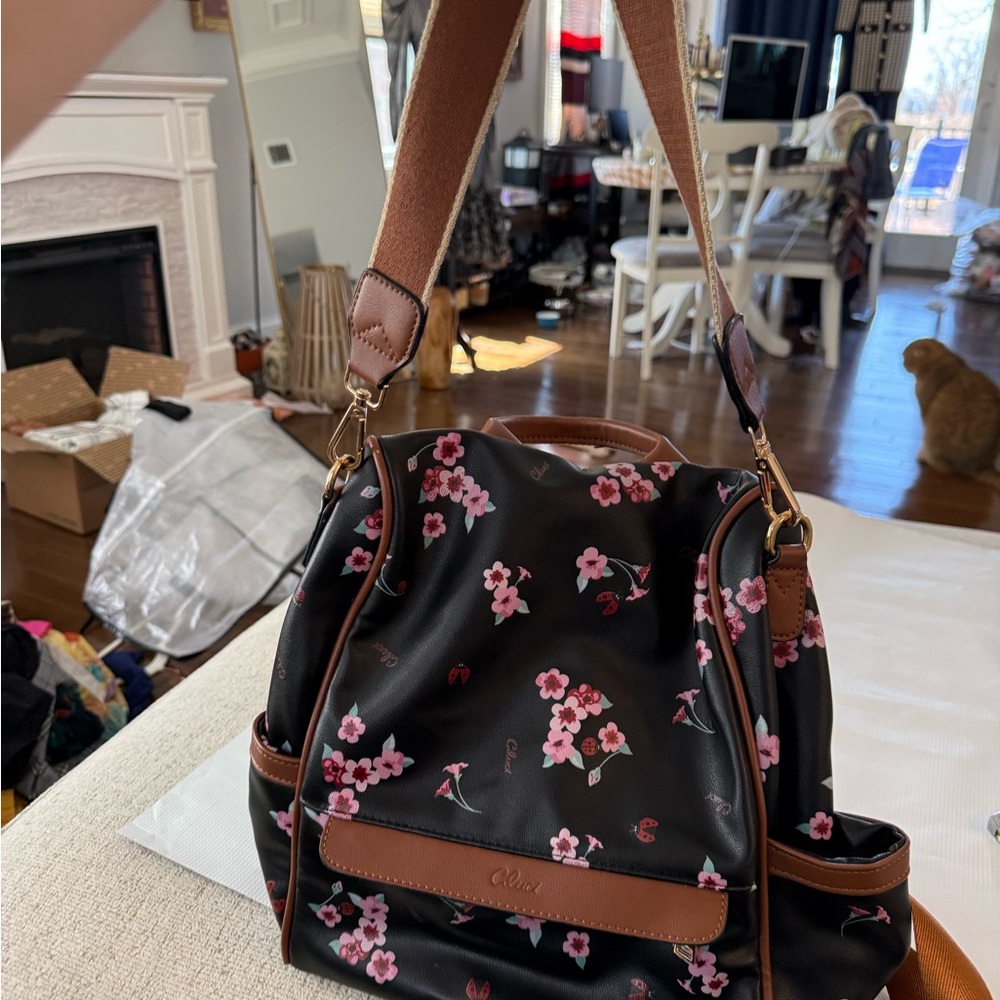 Cluci Small Floral  and Ladybug Black and Brown Backpack 12x10 - Picture 2 of 16